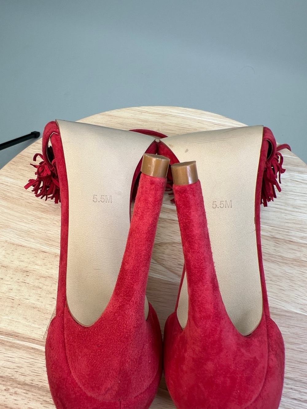 Steve Madden Red Suede Tassel Fringe Ankle-Tie Heels Sassey Size 5.5 - Picture 14 of 16